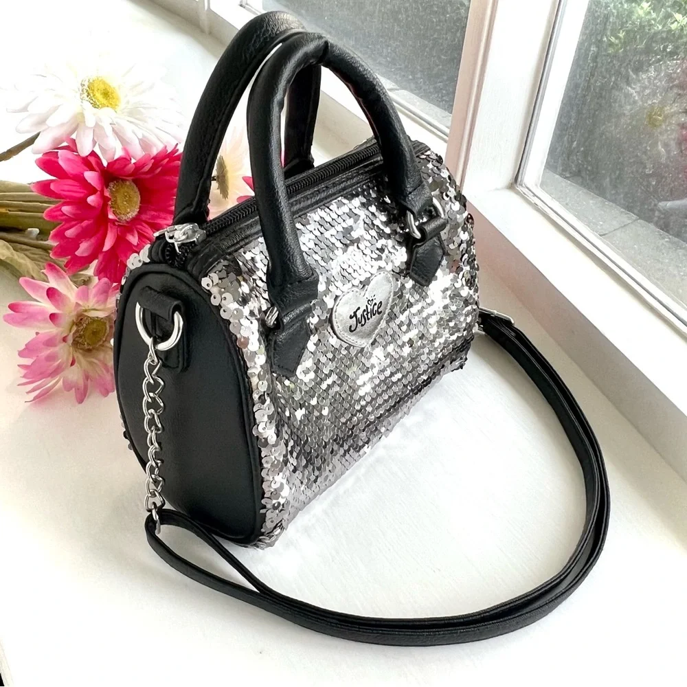 NEW Justice Silver Sequin Black Purse Crossbody Bag Shoulder Strap Zipper Clutch